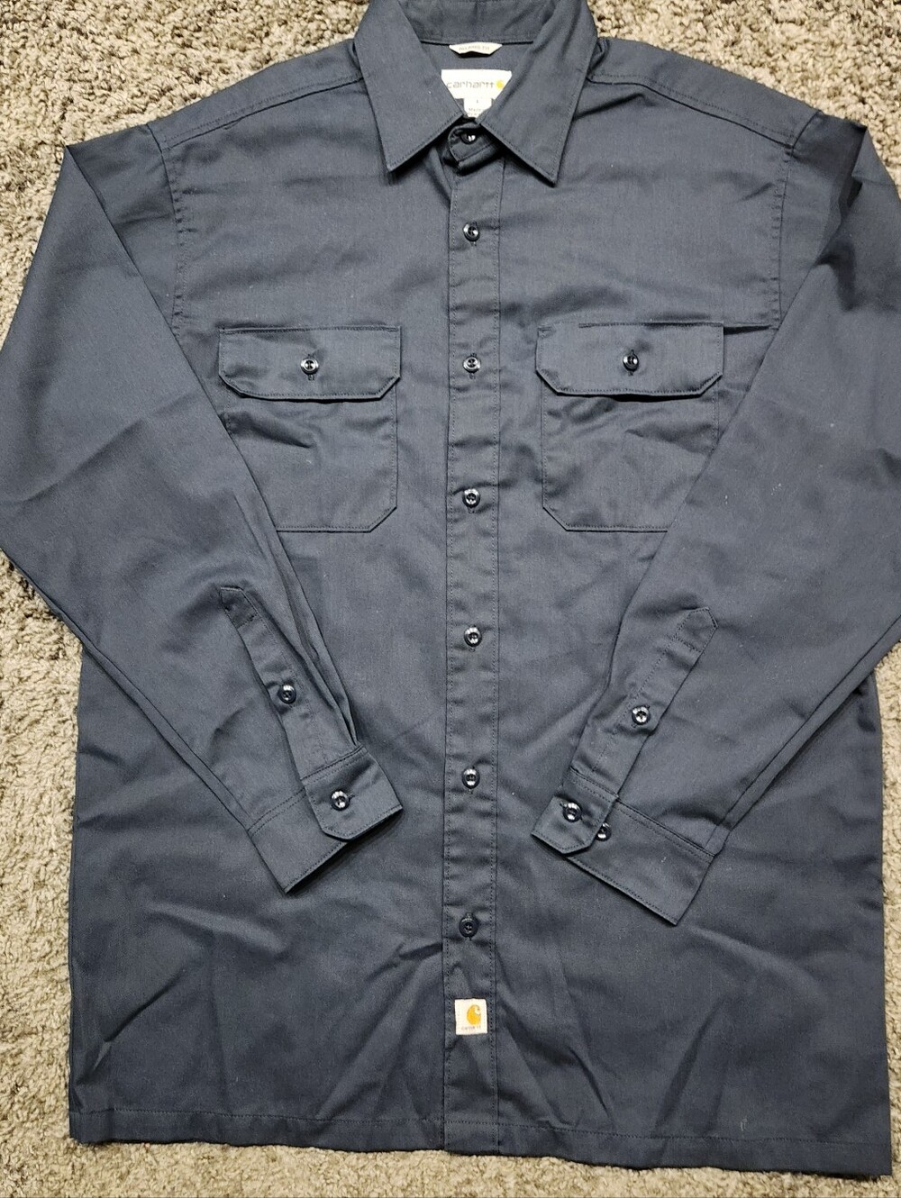 Carhartt Work Shirt Navy Blue Button Front Long Sleeve Pocketed | Size Large